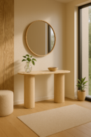 Högupplöst mockup av KOLVIK hallbord i beige travertinlook placerat i en ljus, modern hallmiljö med spegel och växter.