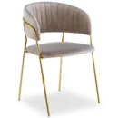 Elegant LYRA-stol i taupefärgad velour med guldfärgade metallben och rundad rygg – sned vy framifrån