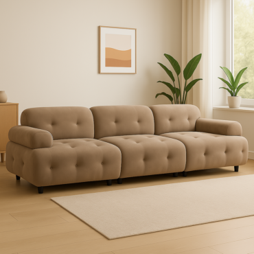VALVIK 3-sits modulsoffa i taupe velour i ett modernt skandinaviskt vardagsrum med växter och trädetaljer