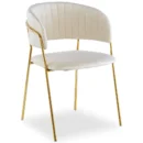 Beige sammetsstol med guldfärgad metallram – sned vinkel
