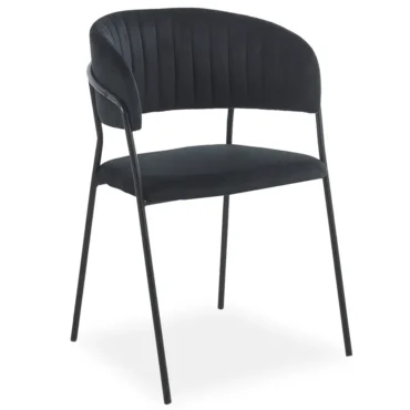 Elegant matstol LYRA i svart velour med svart metallram, sned vy framifrån